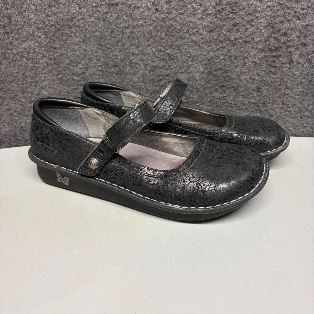 Alegria Paloma Black Crackle Leather Mary Jane Shoes BEL-558 Womens 10.5